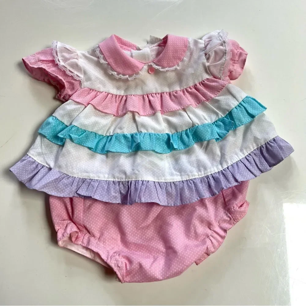 Vintage 2 Piece 1980s Cotton Candy Pastel Tiered Ruffle Polka Dot Dress Bummies